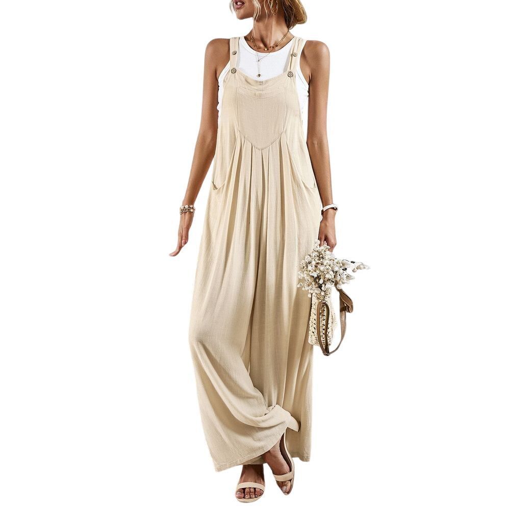 Miss Sparkling Wide Leg‎ Jumpsuit Small Beige Linen Blend BOHO Wide Leg Flowy